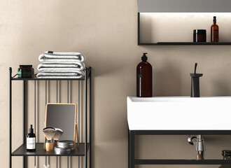 White  bathroom sink standing on a bathroom furniture. A square mirror hanging on a beige wall. A close up. Front view. 3d rendering