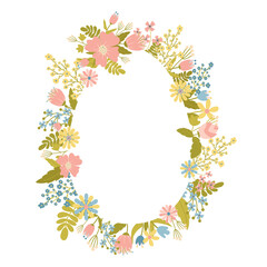 Frame, border of spring flowers in form of Easter egg. Place inscription, copy space. Template for postcard, invitation, flyer, advertisement. Happy Easter. Greeting card. Vector illustration 