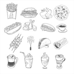 A set of fast food lunch dishes. Classic burger, package of French fries, fried crispy chicken leg, barbecue, grilled sausages, shawarma, hot dog and pizza. Sketch of the engraving food