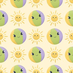 cute children's summer pattern - a ball and a sun on a yellow background