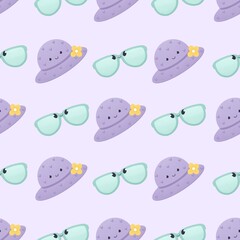 cute childish summer pattern - hat and sunglasses on a light purple background
