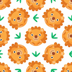 Round lion Seamless pattern. Vector Background with the faces of lion. Template for the packaging, baby textile. 