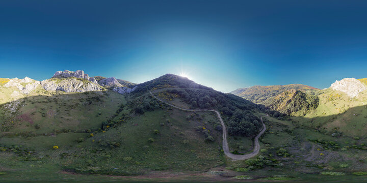 Aerial photo with my drone of the first rays of the sun in Mental Valley of Prioro