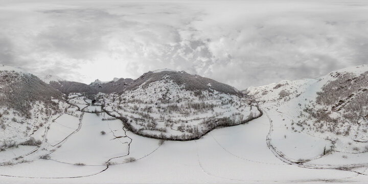Snow in aerial panorama with my drone in Saliencia Valley in Somiedo Natural Park in Asturias