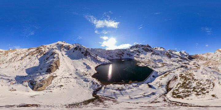 Snow in aerial photo with my drone in Lago del Valle 2 in Somiedo Natural Park in Asturias
