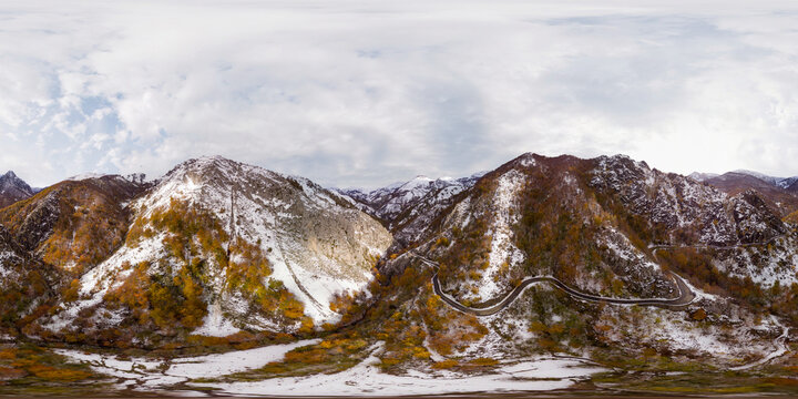 Snow in aerial photo with my drone in Tarna port of Redes Natural Park in Asturias