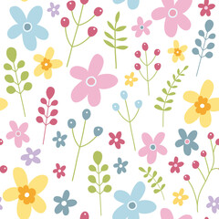 Seamless pattern with cute flowers and plants. Floral texture on white background. Vector illustration. Can be used for wallpapers, wrappers, cards, patterns for clothes and other.