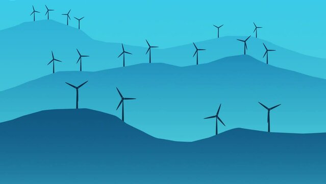 Wind power plant turbines animated on hills layers on blue background environment concept animation background.