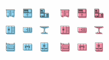 Set line Bunk bed, Wardrobe, Furniture nightstand, Chest of drawers, Round table, and Library bookshelf icon. Vector