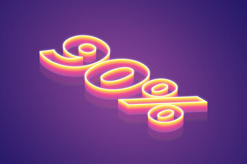 3d render, number 90% Ninty percent, the best digital symbol illustration, pink purple gradient neon light glowing on the dark blue-purple background