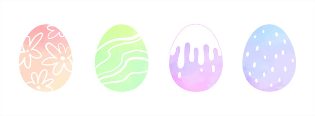 Painted watercolor Easter eggs set, vector illustrations collection. Colorful pink, yellow, blue watercolor stains egg shape backgrounds. Greeting card hand drawn templates. Doodle style cute patterns