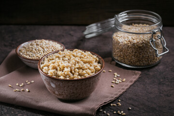 Tasty pearl barley cereal porridge in a bowl