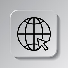 Internet world simple icon. Flat desing. Black icon on square button with shadow. Grey background.ai