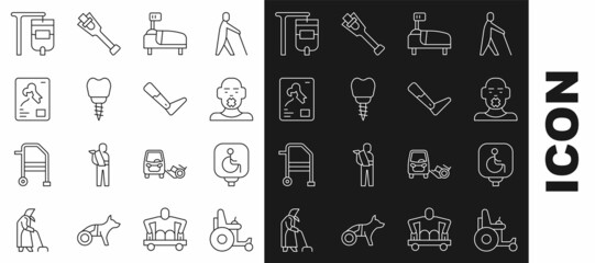 Set line Electric wheelchair, Disabled, Head of deaf and dumb, Hospital bed, Dental implant, X-ray shots, IV bag and Prosthesis leg icon. Vector