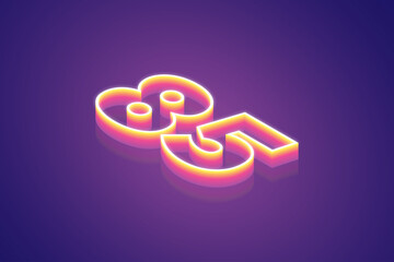 3d render, number 85 Eighty-Five percent, the best digital symbol illustration, pink purple gradient neon light glowing on the dark blue-purple background