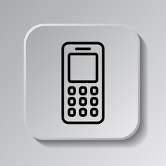 Obraz premium Mobile phone simple icon. Flat desing. Black icon on square button with shadow. Grey background.ai