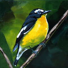 Yellow bird oil painting, print on canvas, a bird sits on a branch