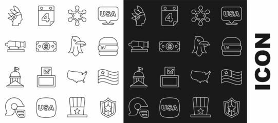 Set line Shield with stars, American flag, Burger, Hexagram sheriff, Stacks paper money cash, Cannon, Native Indian and Eagle icon. Vector