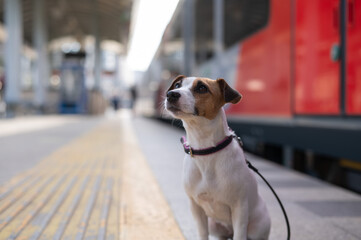Jack Russell Terrier dog sits alone at the train station outdoors.