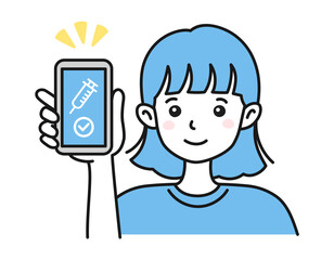 ワクチン接種証明書（ワクチンパスポート）をスマホで見せる女性のイラスト素材