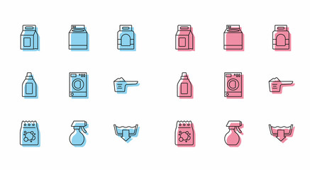 Set line Laundry detergent, Water spray bottle, Washing modes, Washer, powder, Bottle for cleaning agent and icon. Vector