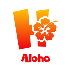Logotipo texto Aloha con letra H en tipografía tiki con silueta de flor de hibisco en color naranja