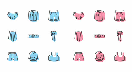 Set line Short or pants, Hoodie, Men underpants, Undershirt, Belt, Tie, Skirt and Shirt icon. Vector