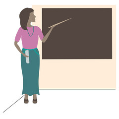 A young teacher stands with a pointer and points to the board