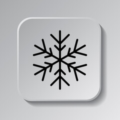 Snowflake simple icon. Flat desing. Black icon on square button with shadow. Grey background.ai