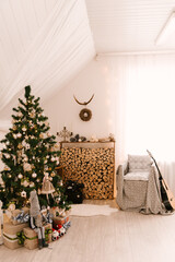 Christmas interior decor with logs and vintage items