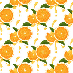 Fototapeta na wymiar Whole orange whole and slice with green leaves and juicy splashes background. Fresh fruits seamless pattern.