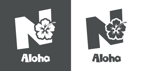 Logotipo texto Aloha con letra N en tipografía tiki con silueta de flor de hibisco en fondo gris y fondo blanco	