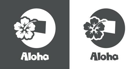 Logotipo texto Aloha con letra O en tipografía tiki con silueta de flor de hibisco en fondo gris y fondo blanco  © teracreonte