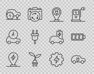 Set line Charging parking electric car, Electric, saving plug leaf, service, Gear and lightning and Battery charge icon. Vector