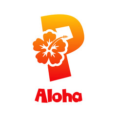 Logotipo texto Aloha con letra P en tipografía tiki con silueta de flor de hibisco en color naranja