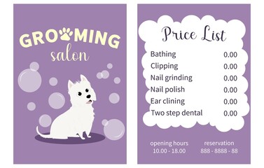 Vector Illustration business card pricelist and special offer for pet grooming salon with dog and bubbles. Price list with phone number for reservation and opening hours printable template a4