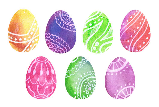 Multicolored delicate watercolor Easter eggs with a white pattern
