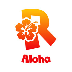 Logotipo texto Aloha con letra R en tipografía tiki con silueta de flor de hibisco en color naranja