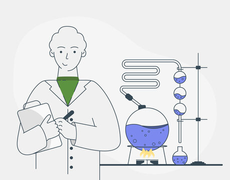 Scientist doing experiment surrounded by lab equipment vector illustration. Man in white coat, chemical researchers 