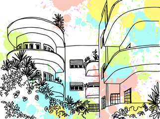 Tel Aviv, Israel. White City, Bauhaus style. Colorful vector illustration in hand drawn style. Urban landscape sketch. Line art. Ink drawing on splash background