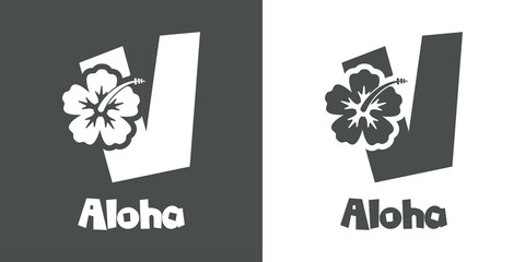Logotipo texto Aloha con letra V en tipografía tiki con silueta de flor de hibisco en fondo gris y fondo blanco	