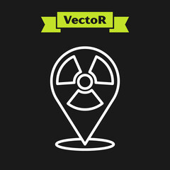 White line Radioactive in location icon isolated on black background. Radioactive toxic symbol. Radiation Hazard sign. Vector