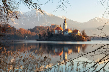 Beautiful view to Lake Bled, the most famous Slovenian lake and island Bled with Pilgrimage Church of the Assumption of Maria and Bled castle at dawn