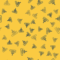 Blue line Wind turbine icon isolated seamless pattern on yellow background. Wind generator sign. Windmill for electric power production. Vector