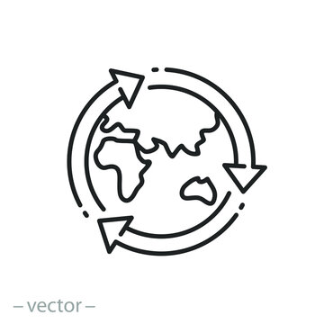 earth recycle icon, planet sustainable circular, save clean world, globe emission, thin line symbol on white background - editable stroke vector illustration