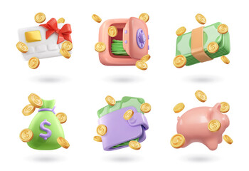 Money 3d render vector icon set. Credit card, safe, paper money, bag, wallet, piggy bank and coins - obrazy, fototapety, plakaty
