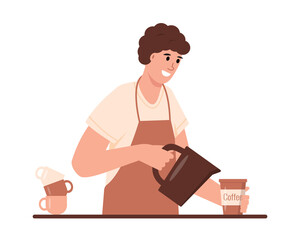 Young man barista making Coffee. Male person character working in coffee shop. Small business. Flat or cartoon Vector illustration isolated on white background.