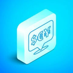 Isometric line Currency exchange icon isolated on blue background. Cash transfer symbol. Banking currency sign. Silver square button. Vector