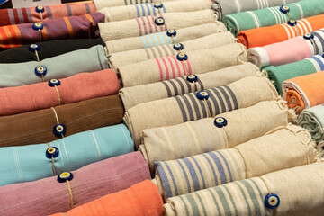 Traditional Turkish towels in Grand Bazaar, Istanbul, Turkey. Cotton and colorful traditional Turkish towels in Grand Bazaar, Istanbul, Turkey.