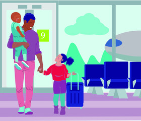 African-American man lifting his little son and accompanied by his little daughter with a suitcase in his hand, preparing to travel at the airport with a plane in the background